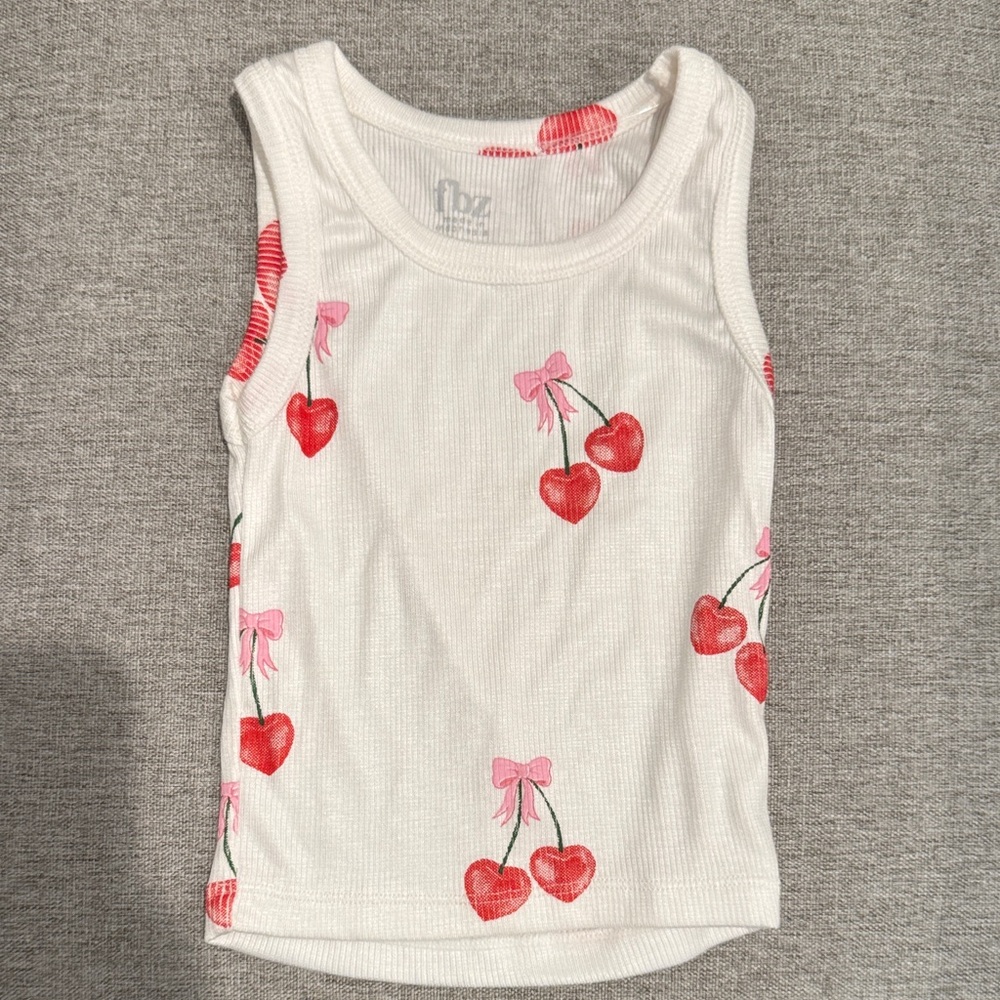 Charming White Tank Top with Red Cherry and Pink Bow Print